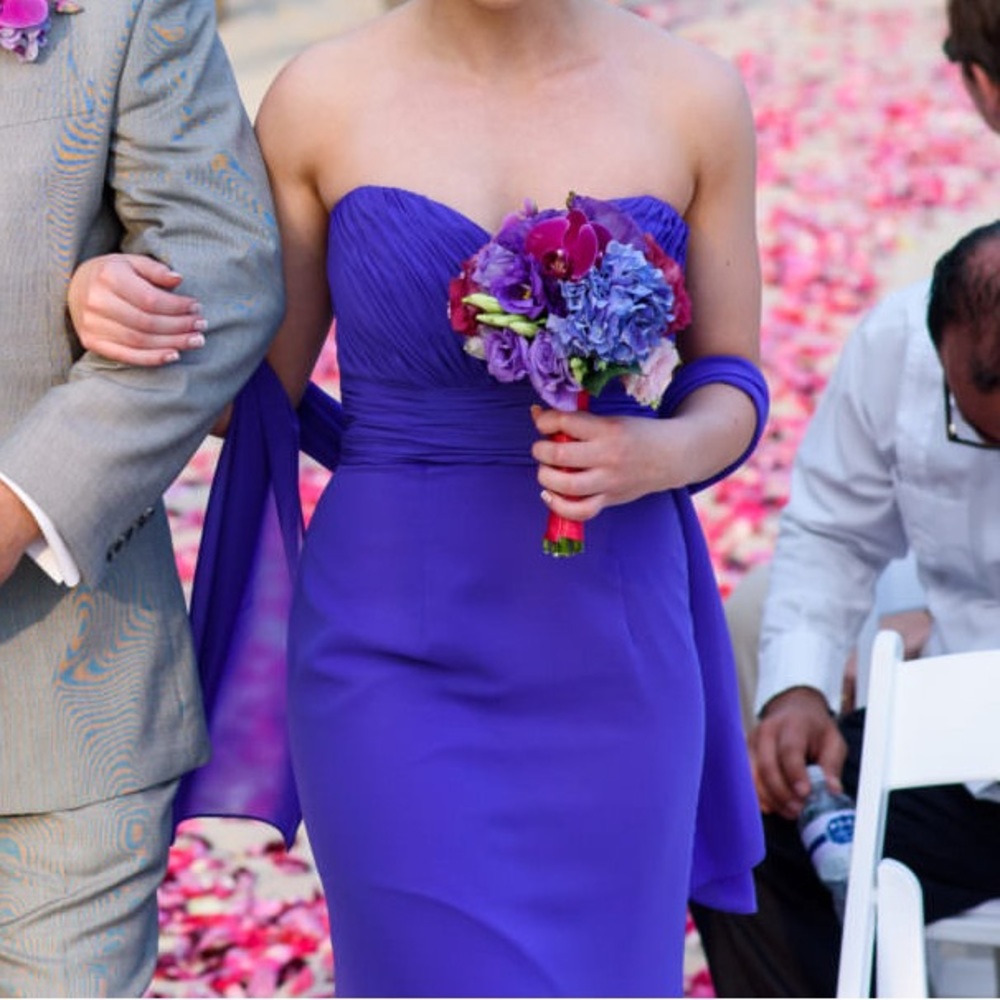 Morí Lee purple strapless bridesmaid dress sweatheart chiffon sash prom wedding